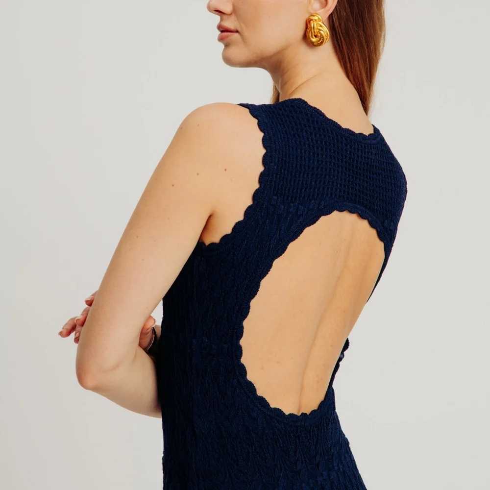 Torn By Ronny Kobo Ryan Black Crochet Knit Fringe Midi Dress Small